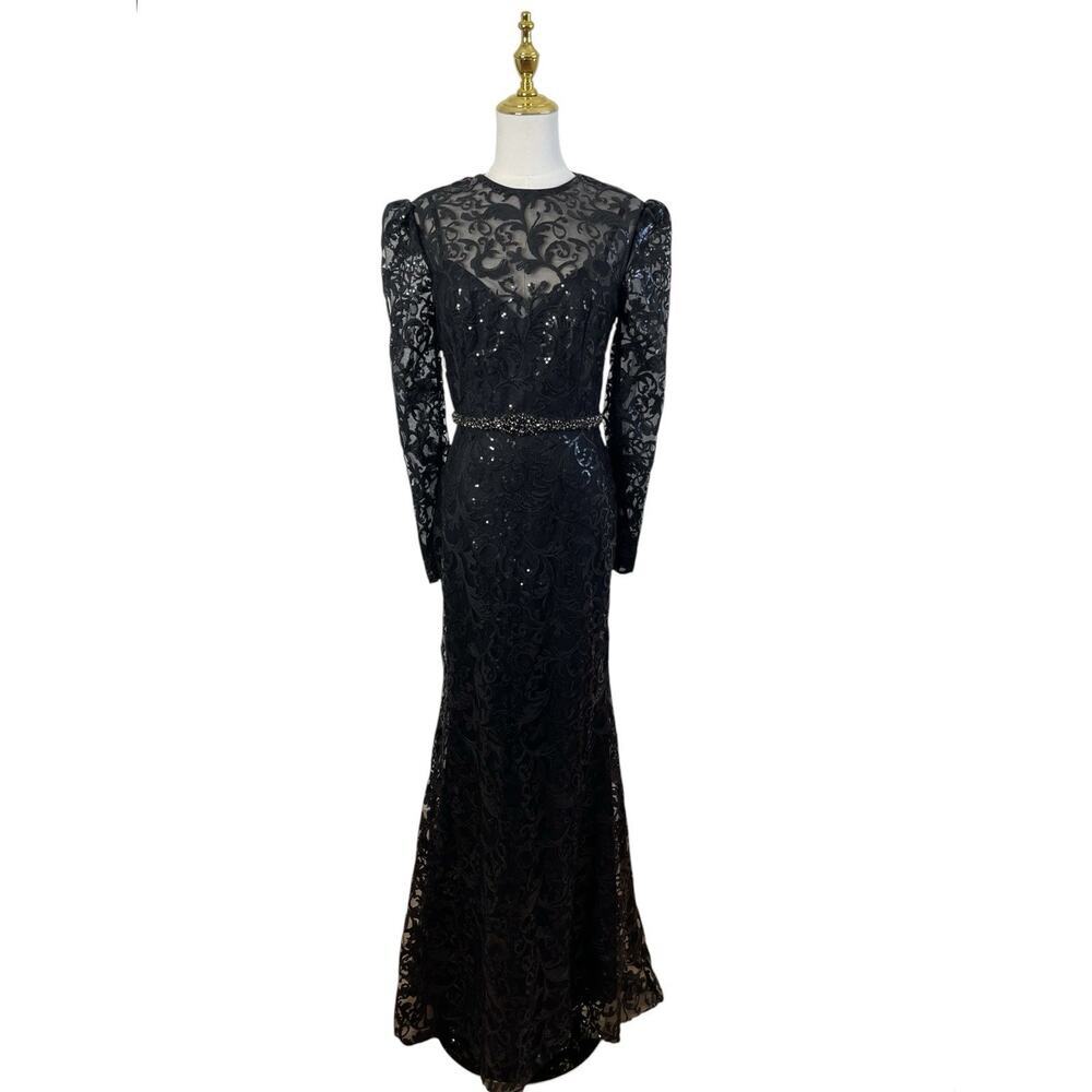 Mac Duggal 68011 Black Embellished Lace Illusion Long Sleeve Gown Size 6 $698 - Picture 4 of 8